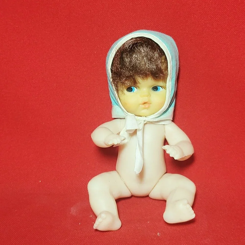 Vintage Collectible Doll Rooted Brown Hair Blue Eyes Blue White Bonnet